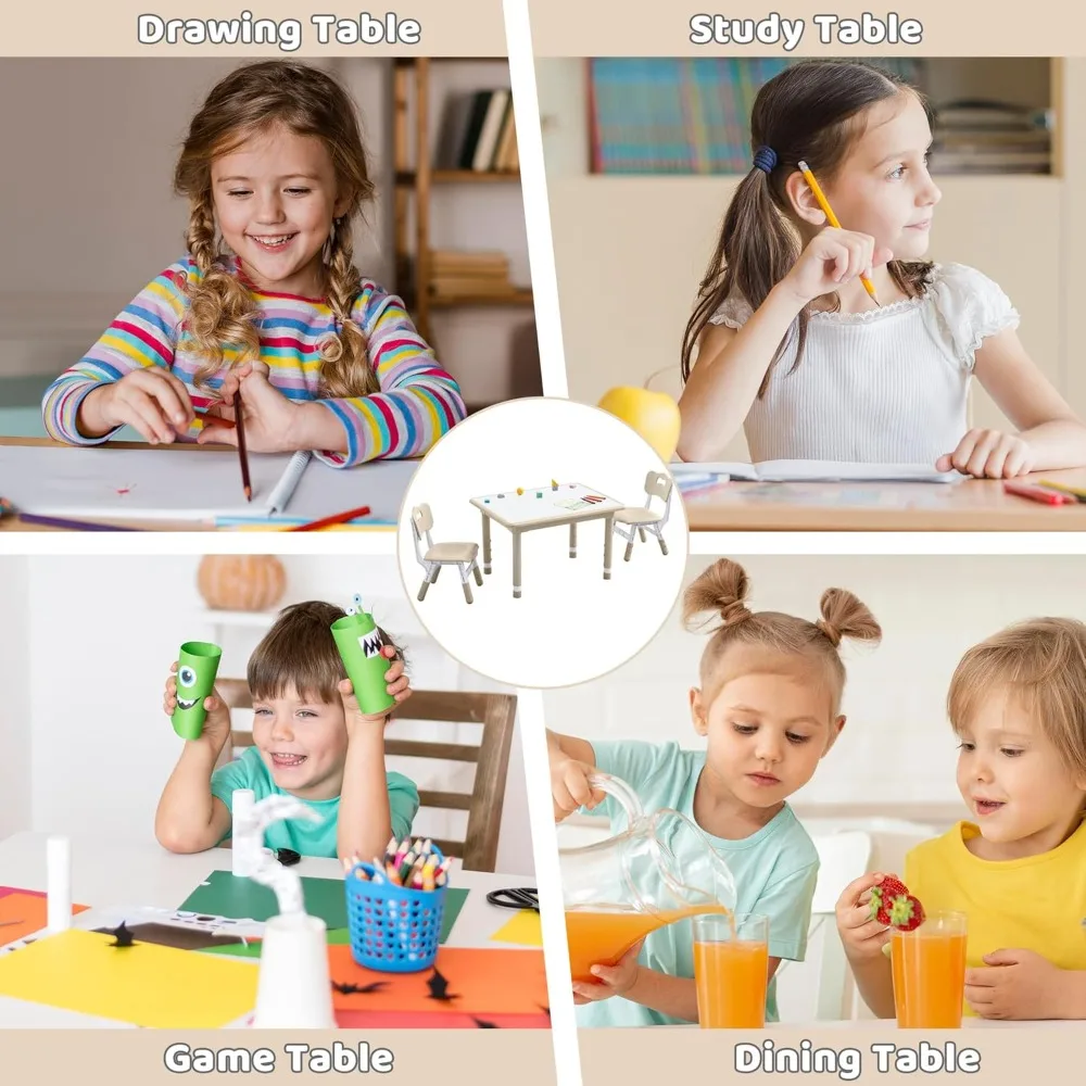4 Chairs Set, Height Adjustable (17.7-26.1) Toddler Table and Chair Set, Multi-Activity Table with Graffiti Desk