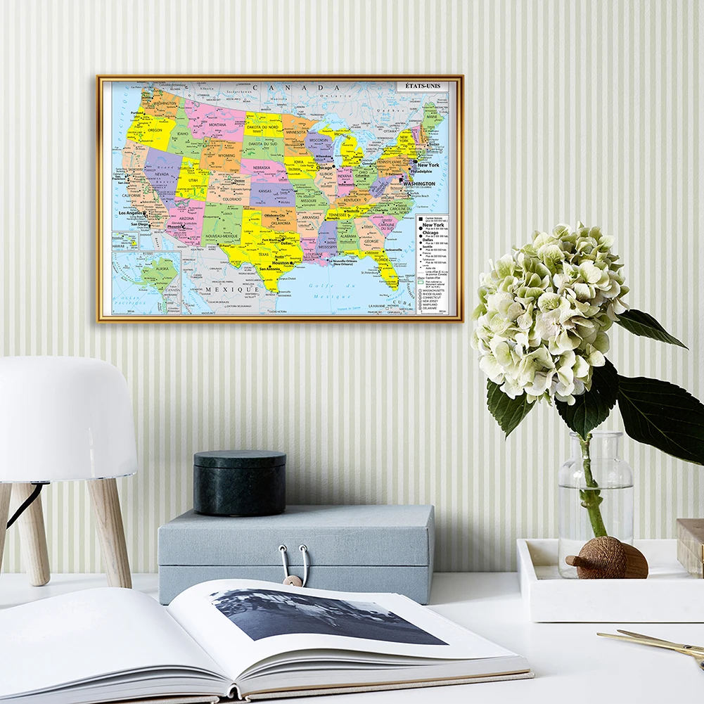 59*42Cm Hoa Kỳ Bản Đồ Chính Trị Với Chi Tiết Trong Tiếng Pháp Trang Treo Tường Tranh Canvas Đồ Dùng Học Tập trang Trí Nhà Cửa