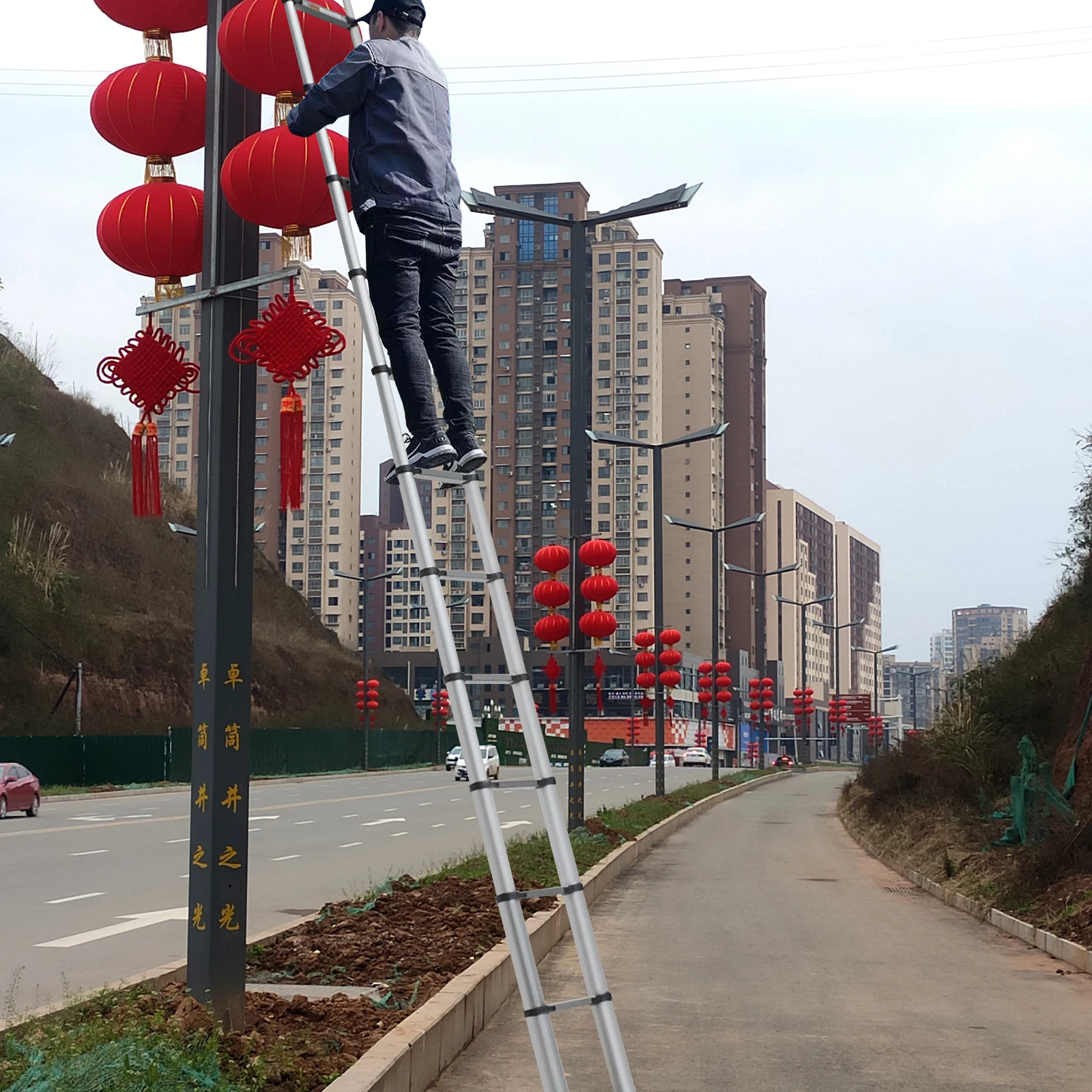 6.2m/20.3ft Folding Extension Ladder Multi Purpose Steps with Detachable Hooks Max Load 150kg for Multipurpose Super High