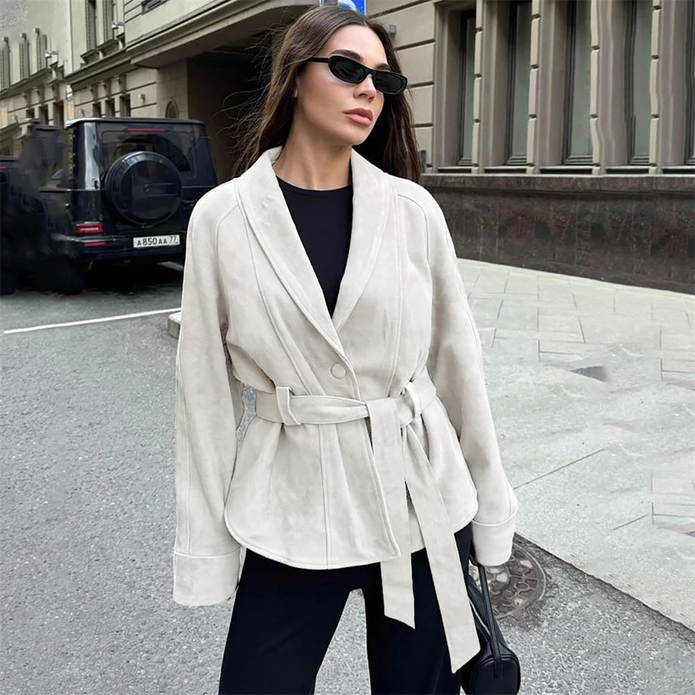 Tornova retro camurça jaqueta de manga comprida casaco feminino com decote em v rendas até jaqueta 2025 outono inverno novo comute escritório senhora outerwear