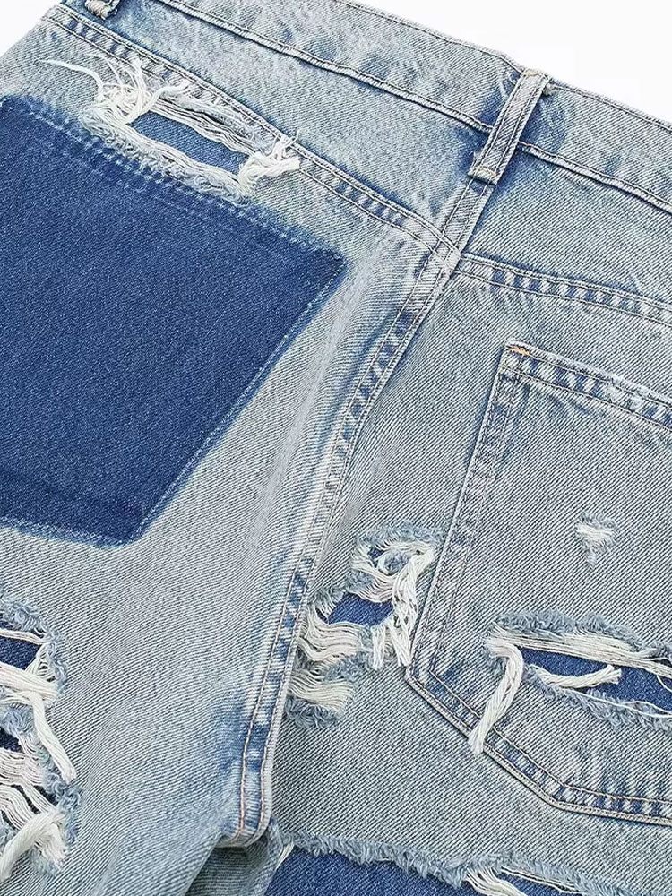 HH 2024 Vintage Denim Jeans Voor Vrouwen 2 Kleuren Hoge Taille Rits Ripped Verontruste Patchwork Causale Rechte Broek