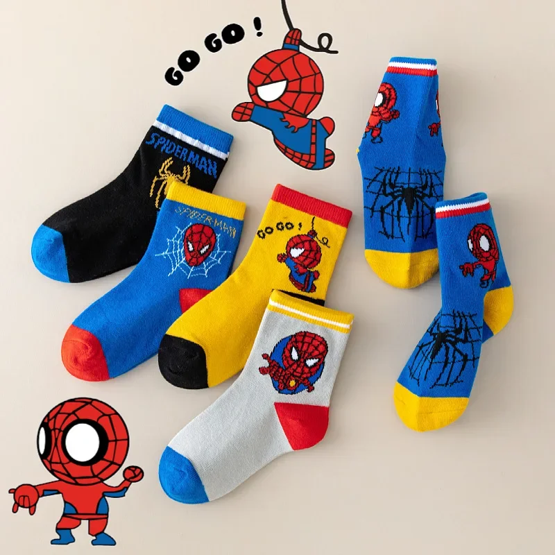 5 Par Skarpetek Dziecięcych MARVEL Spiderman Kawaii Miękkie Skarpetki Anime Chłopięce Skarpetki Średniej Długości Kreskówkowe Skarpetki Niemowlęce 1-12 Lat