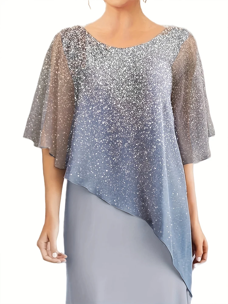 Plus Size Sommerkleid für Frauen Elegantes Abendkleid Braut Mama Grau Blau Chiffon Ombre Print Unregelmäßiges Maxikleid Vestido