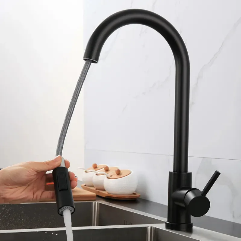 Torneira removível de cozinha em aço inoxidável, torneira retrátil para pia de cozinha com rotação quente e fria