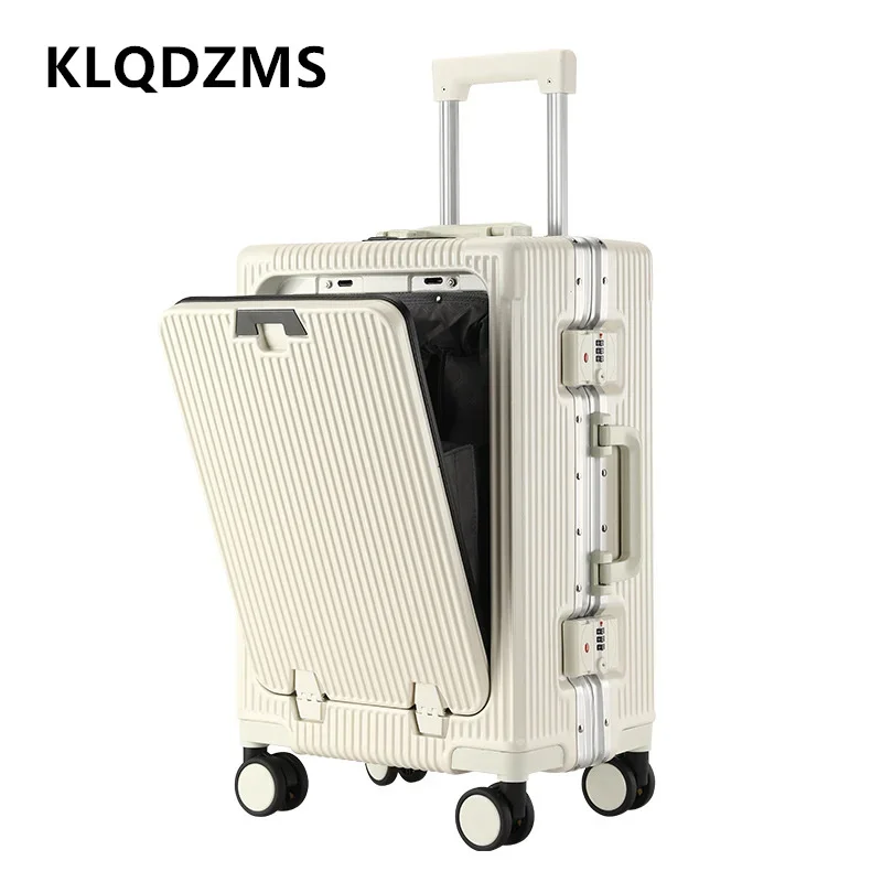 Klqdzms-アルミフレームボードケース、ホイール付き荷物、フロントオープニング、ラップトップトロリー、USB充電、キャビンケース、20インチ、24インチ