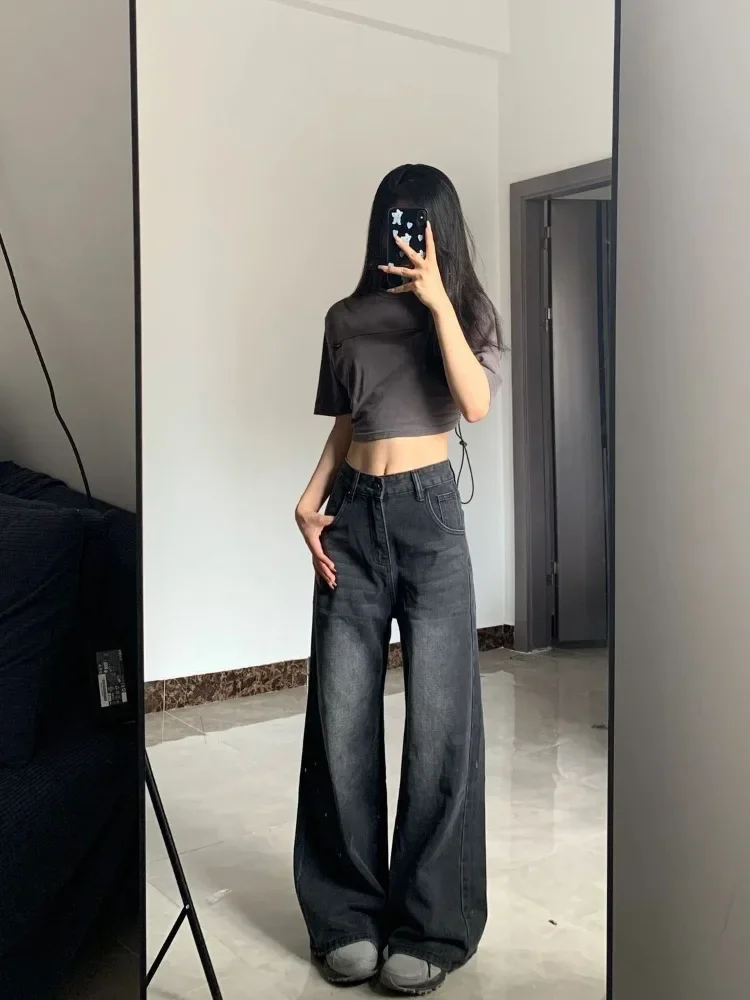 วินเทจสีดํากางเกงยีนส์ผู้หญิงเอวสูงY2k 90วินาทีStreetwear Baggy Casualแฟชั่นตรงล้างกางเกงยีนส์