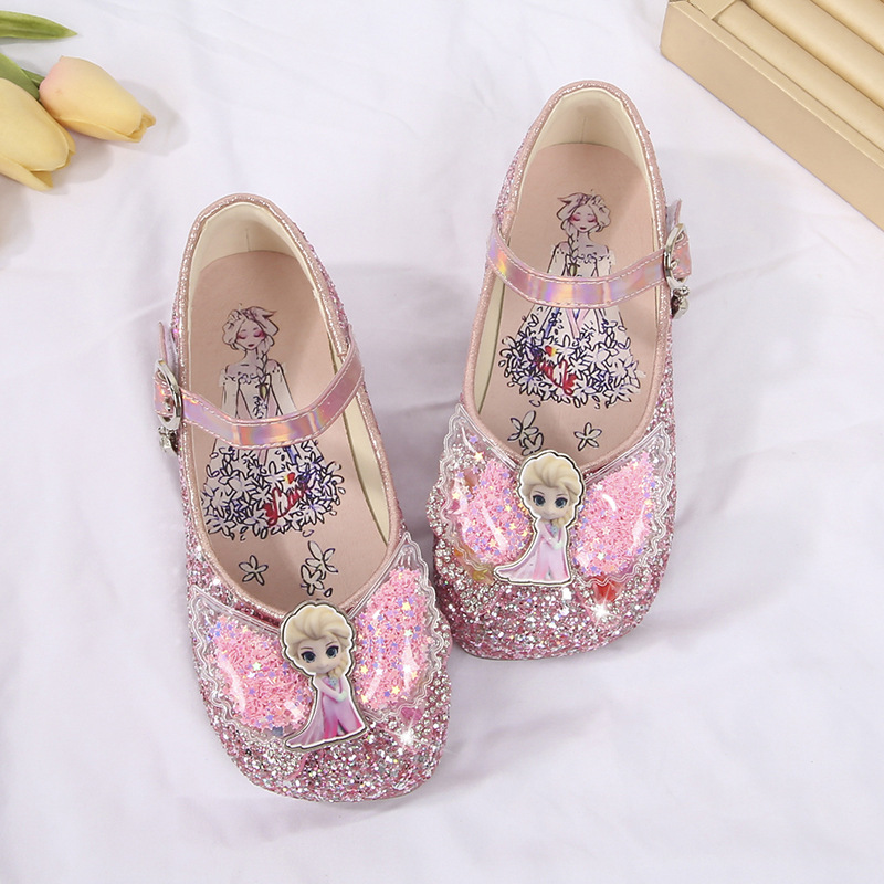 Sepatu kulit anak perempuan, sepatu kulit Disney, sol datar lucu, payet tahan aus, sepatu putri anak-anak, sepatu Elsa, merah muda, biru, ukuran 24-35