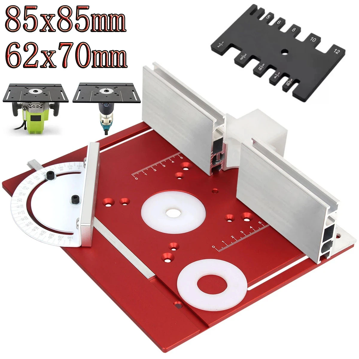 Placa de inserción de mesa enrutador de aluminio con medidor de inglete, 62x70mm, 85x85mm, para bancos de carpintería, sierra de mesa, recortadora, máquina de grabado