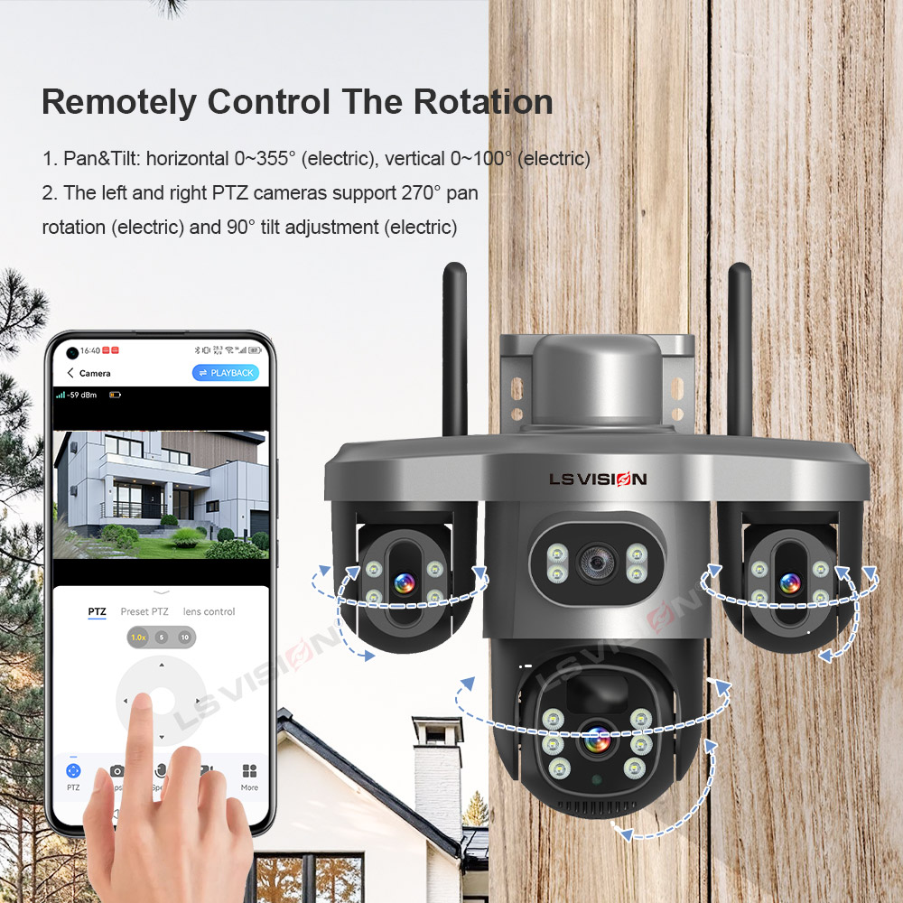 LS VISION 15MP Three PTZ Lens Three Screen 4G Solar Camera Outdoor WiFi 10X Digital Zoom Auto Tracking Security Camera V380 Pro