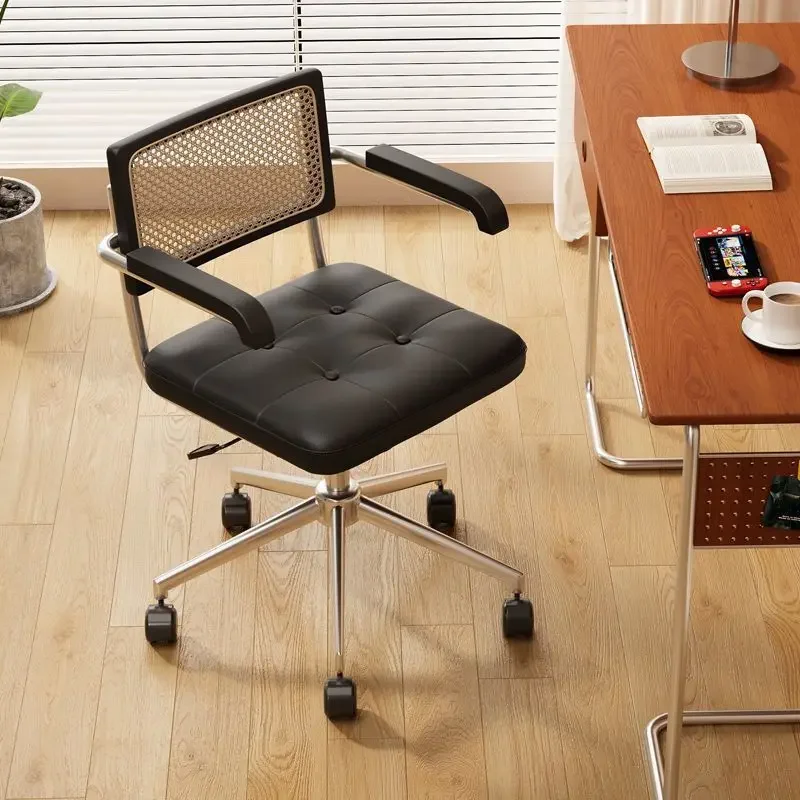 Middle Ancient Office Chair Ergonomic Armrest Desk Chair Rattan Weave Learning Computer Seat Leather Cushion Executive Chairs