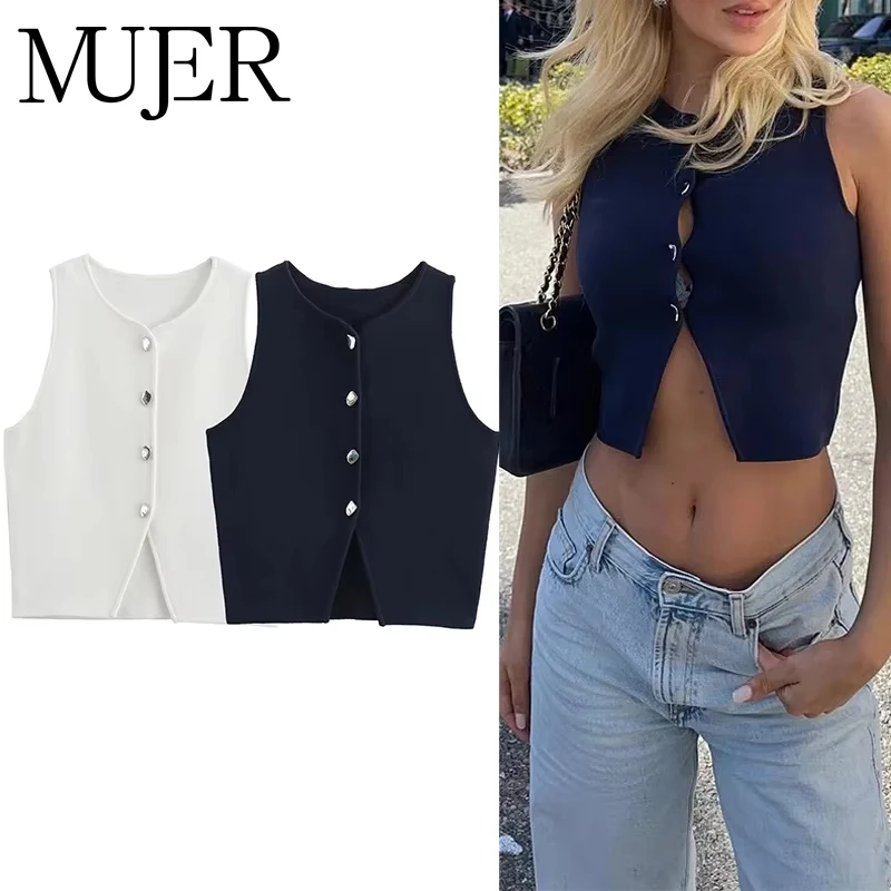MUJER Abgeschnitten Strickweste Frauen Strickjacke Weiß Ärmellose Weste Frau Mode Taste Gestrickte Pullover Weste Weibliche Sommer Kurze Tops