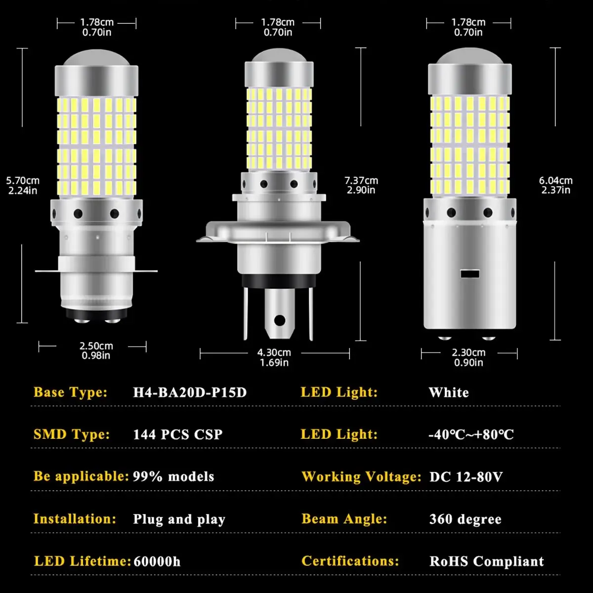 オートバイのヘッドライト用LED電球,フォグライト,スポットライトとプラグ,超高輝度白色光,144 smd,h4 p15d,ba20d,12v,1個
