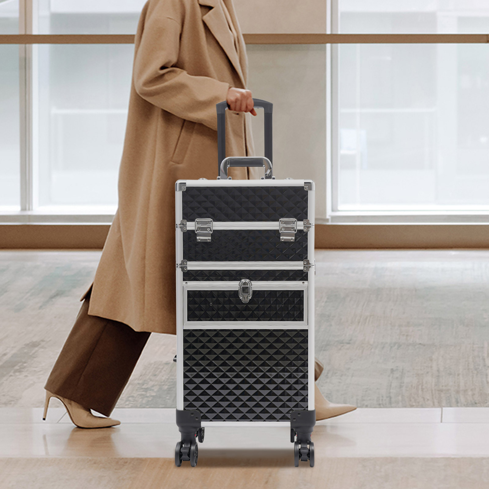 Rolling Makeup Case Professional Rolling Makeup Train Case Makeup Organizer with Shoulder Strap Large Storage Cosmetic Trolley