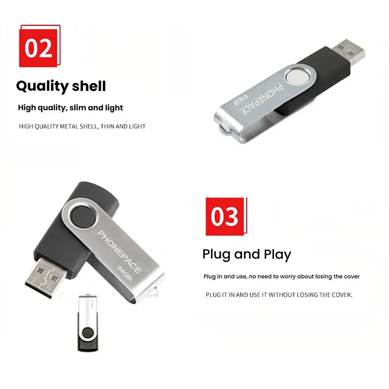 PHONEPACE Rotatable USB Flash Drive High-Speed USB 2.0 Interface Aluminum Alloy Material Durable Long-lasting Wide Compatibility