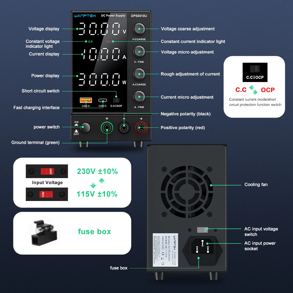 Wanptek DC Alimentatore da laboratorio regolabile 30V 10A 60V 5A 120V 3A con alimentatore da banco di ricarica rapida USB