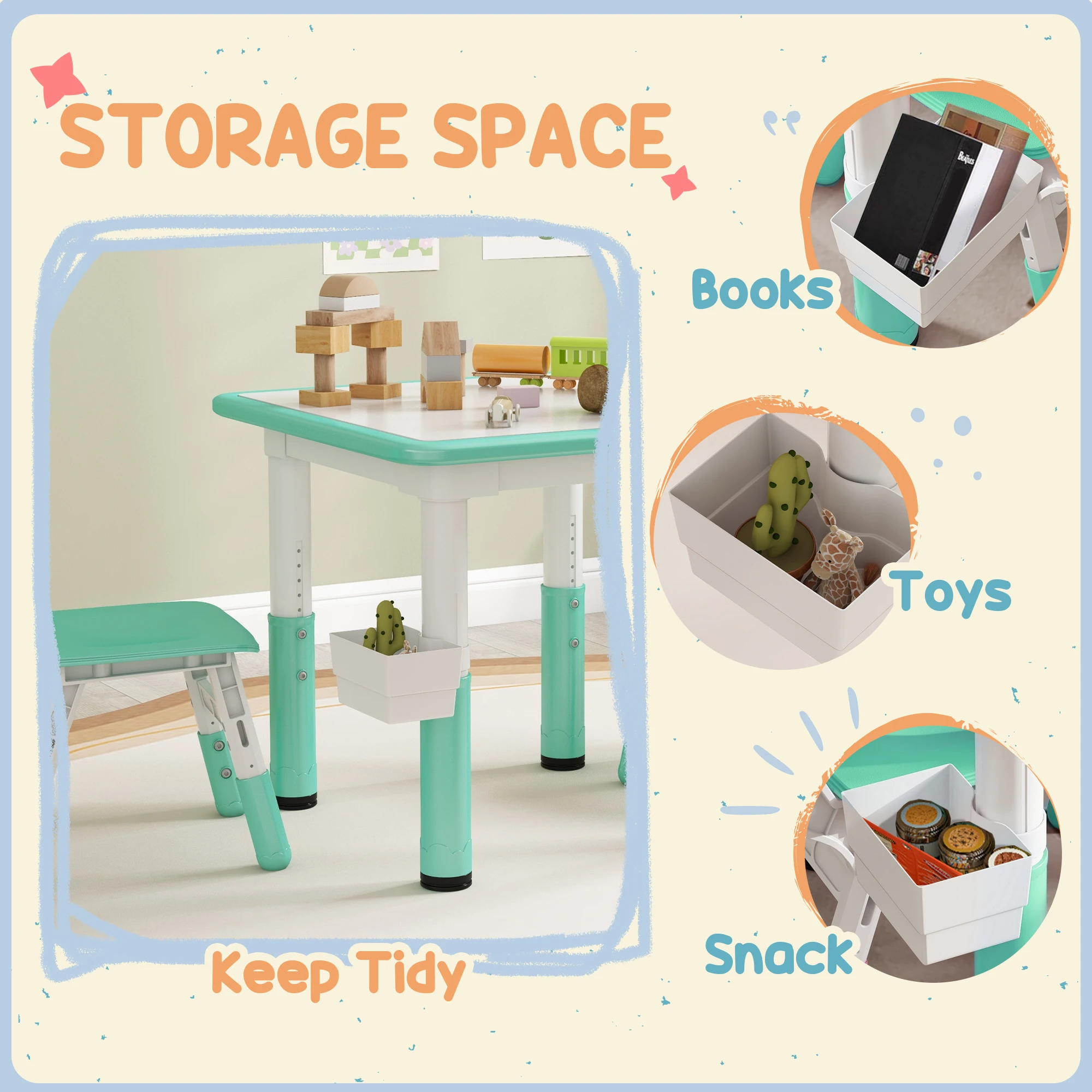 3 Pieces Height Adjustable Kids Table and Chairs for Daycare, Green