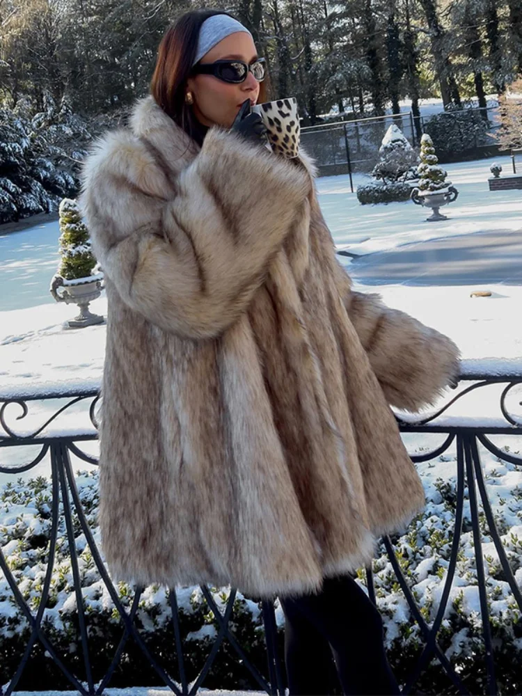 Mode Effen Revers Pluizige Vossenbontjas Dames Elegant Lange Mouw Oversized Gradiënt Jack Winter Dikke Warme Dame Harige Overjas