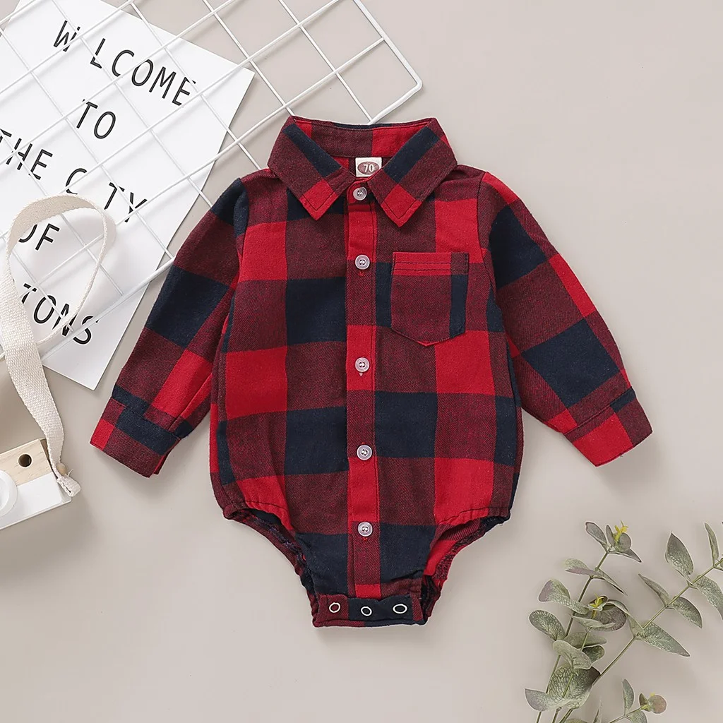 Romper do bebê recém-nascido, bodysuit xadrez vermelho mangas compridas, macacão infantil, roupas de bebê menino, moda primavera e outono, 0 a 18 meses