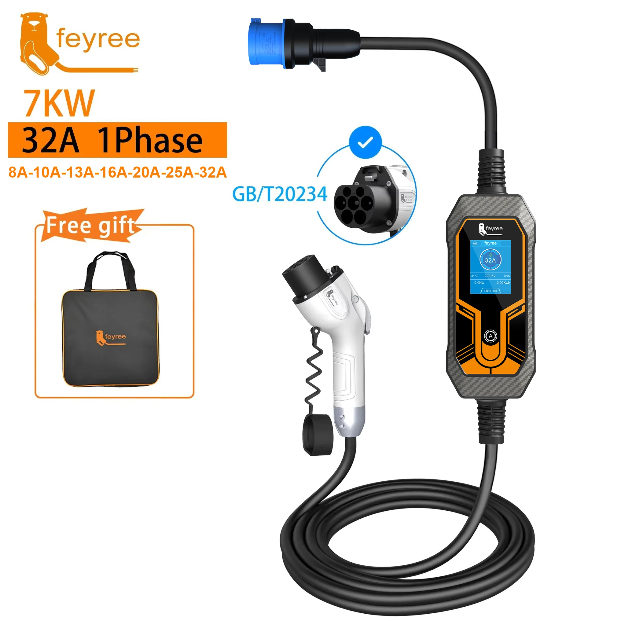 feyree EV 充電器 Type2 7KW 32A EVSE ポータブル充電ボックス CEE オスプラグ Type1 GB/T コード 5 メートル充電ケーブル電気自動車用