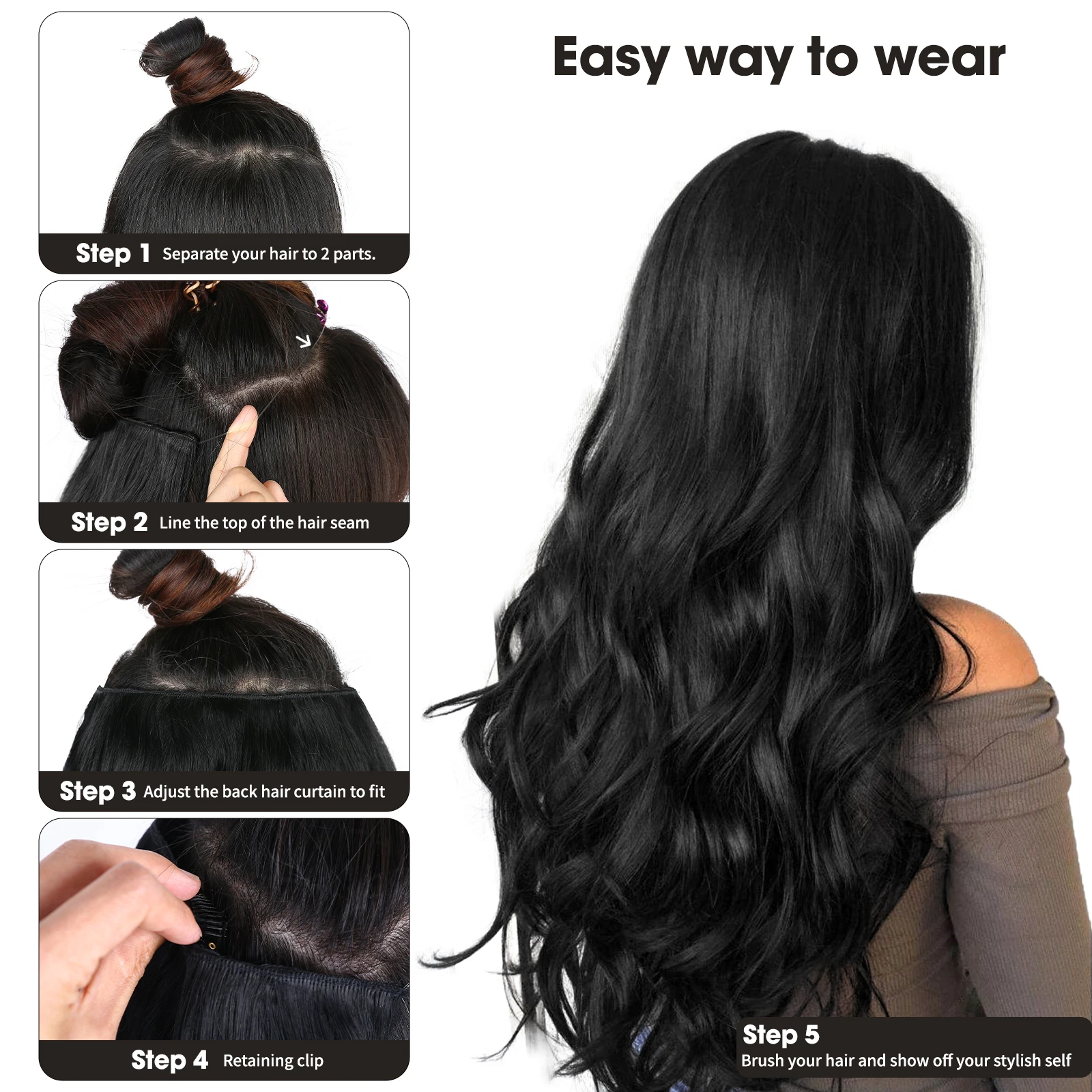 Clipes sintéticos fio extensões de cabelo invisível longo ondulado linha de peixe peruca para mulheres linha de peixe extensão do cabelo 2 clipes