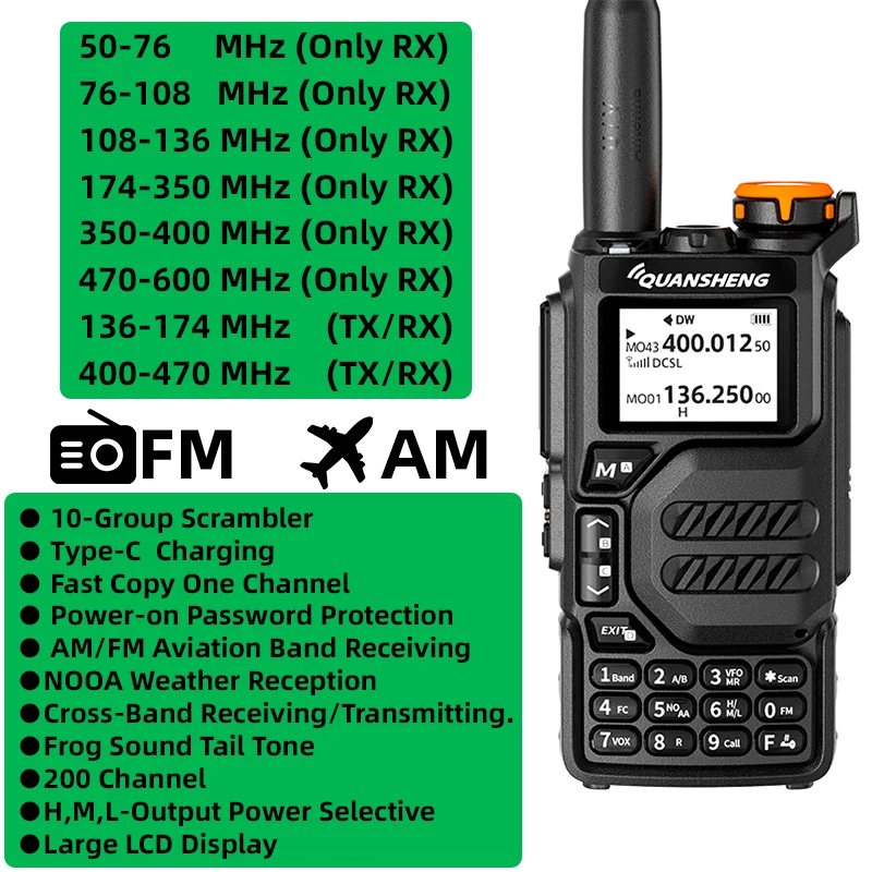 Quansheng UV K5 Walkie Talkie Radio portátil Am Fm Radio bidireccional estación conmutador Amateur Ham inalámbrico Set receptor de largo alcance