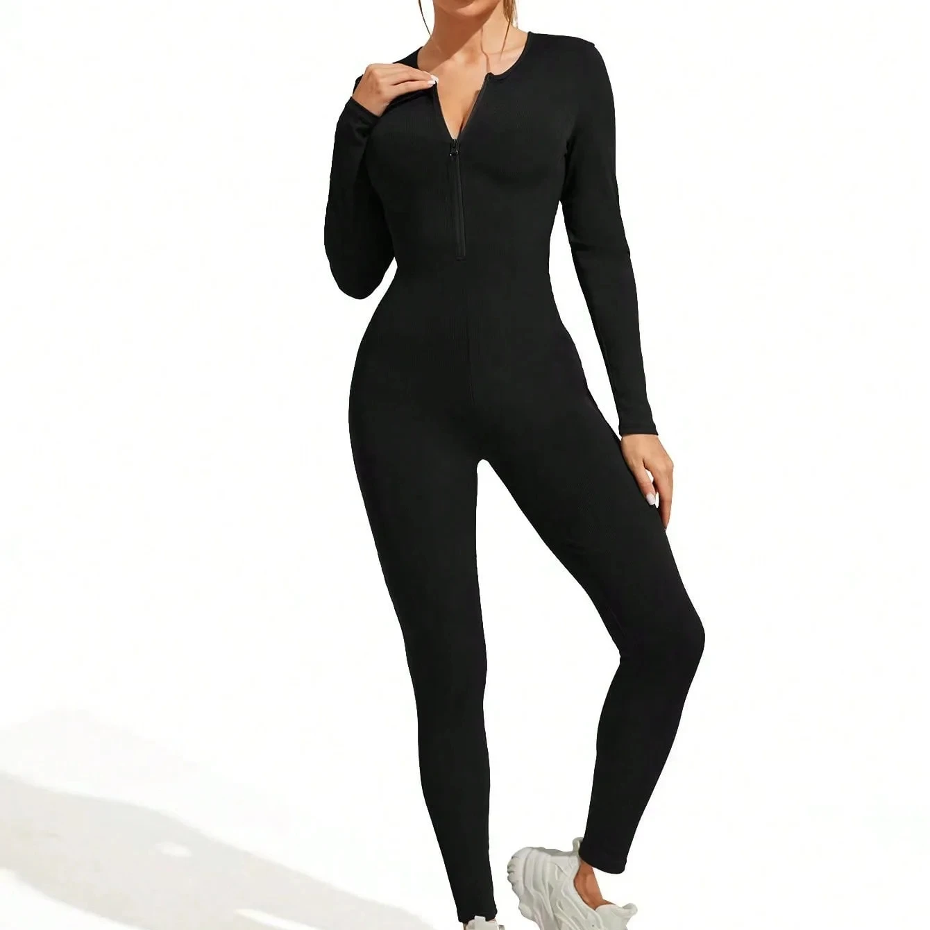 Herbst neue heiße Verkauf sexy Bodysuit für Frauen einfarbig gerippt Langarm Reiß verschluss Bodycon sportliche Kleidung Stram pler Damen Overall