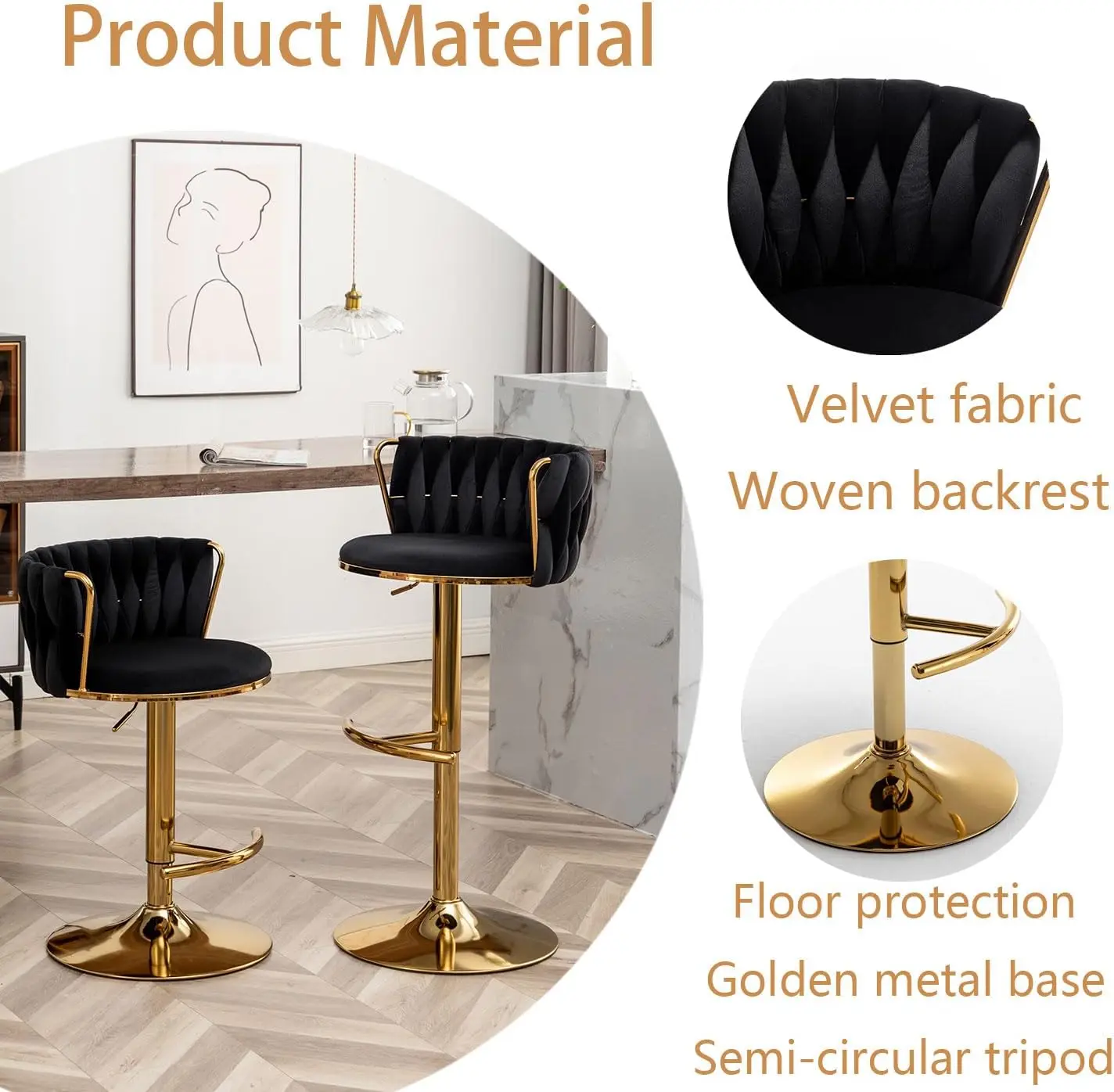 Velvet Bar Stools Set of 2, Counter Height Bar Stools with Low Back, Gold Swivel Bar Stools for Kitchen Island, Bar Pub (Black)