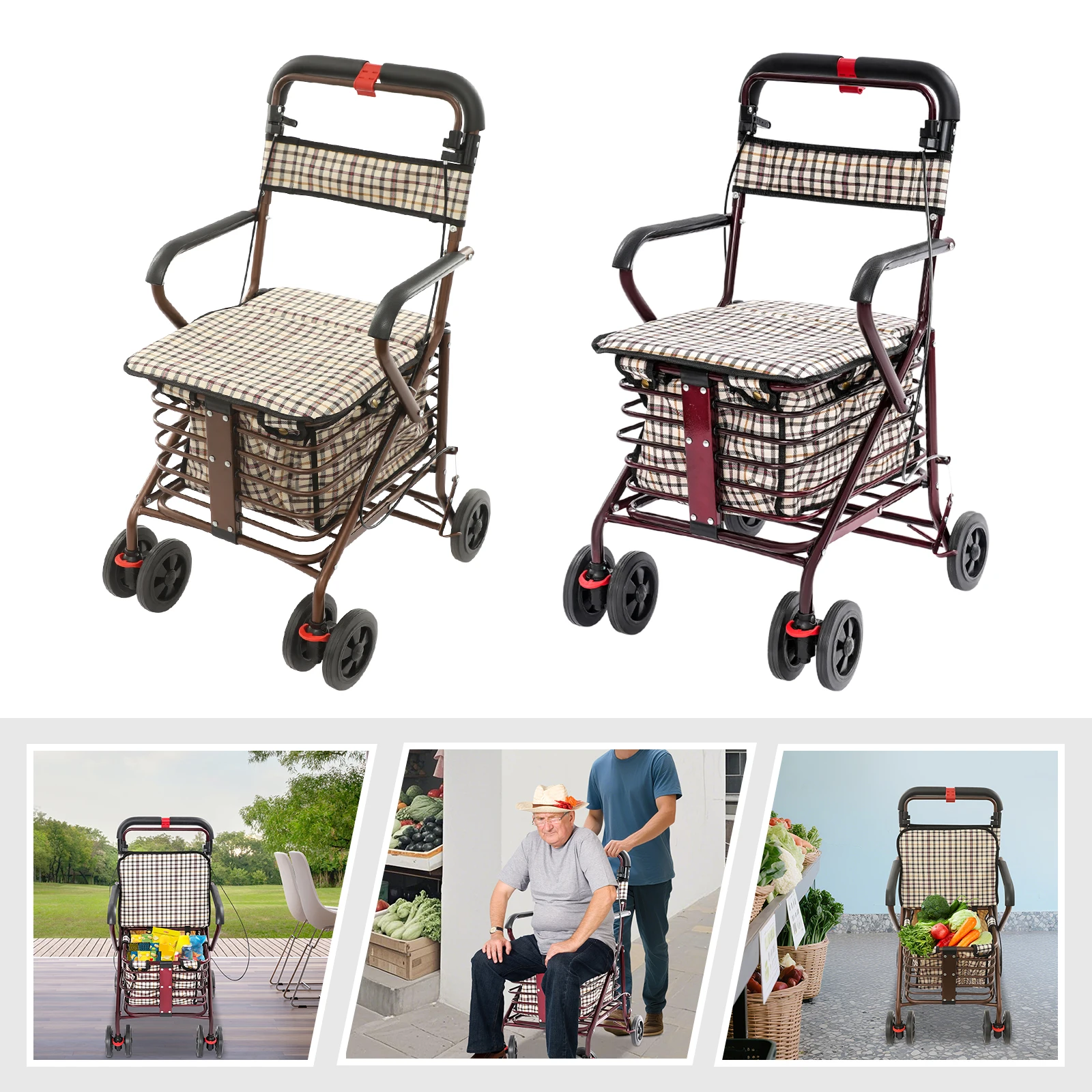 Storage Cart for Olders with Seat Foldable Rolling Walker for Seniors Walking Aids with Seat