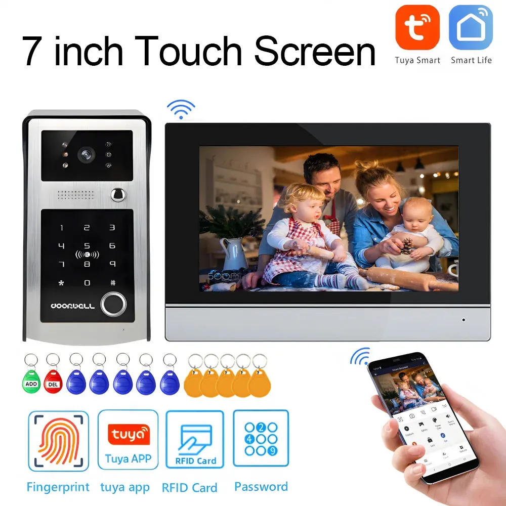 Wifi Tuya 7 Inch Touchscreen Wifi Video Deurbel Smart Home Video Intercom Kit Toevoegen Hd Camera App Vingerafdruk Wachtwoord Unlock