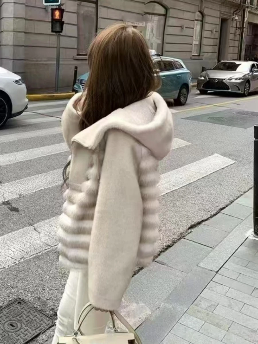 Jaqueta Curta de Inverno para Mulheres, Estilo Solto, Com Mangas de Pele de Mink, Casaco com Capuz, Estilo de Trabalho, Fecha...