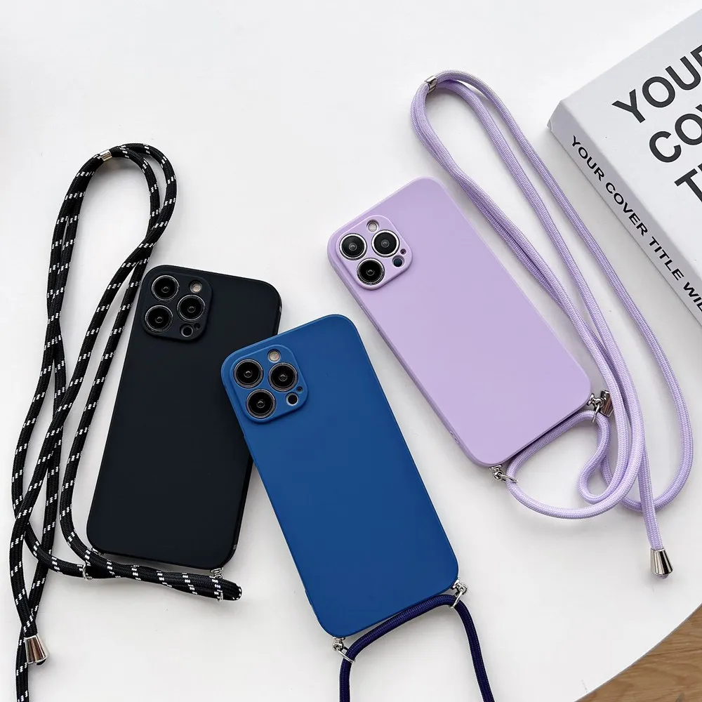 Funda de silicona con cordón cruzado Simple para iPhone, funda suave con correa para collar, 15, 11, 12, 13, 14 Pro Max, XR, X, XS, 7, 8 Plus
