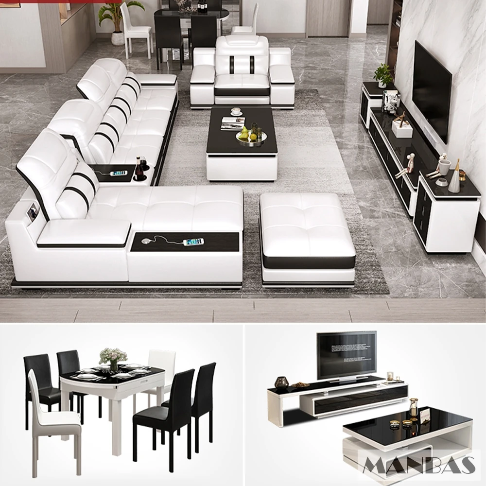 Sofá moderno de cuero genuino para sala de estar de MANBAS: elegante sofá italiano con altavoz Bluetooth, USB y reposacabezas ajustables