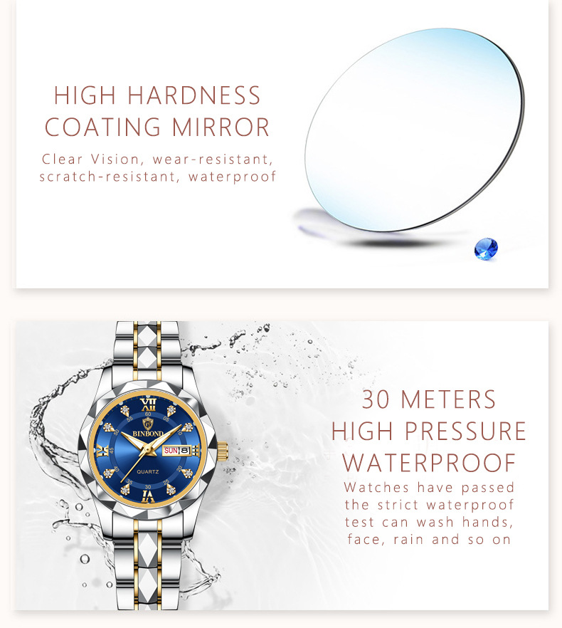 Binbang Luxus mode Damen Quarzuhr, Wolfram Stahl Timer, Doppel kalender, Nachtlicht, wasserdicht, Neuheit