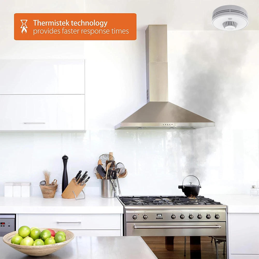 V-COME allarme termico autonomo con batteria al litio sigillata da 10 anni, rilevatore di calore da cucina con grande pulsante di prova e silenzio, BS 5446-2 VH01