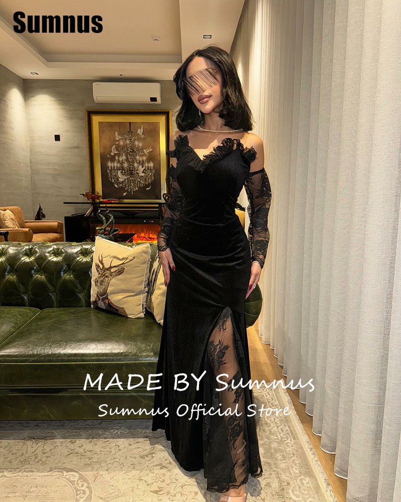 Sumnus Elegant Mermaid สีดํา Velour พรหม Sweetheart ชุดราตรียาวลูกไม้ FBساتة ที่กําหนดเอง