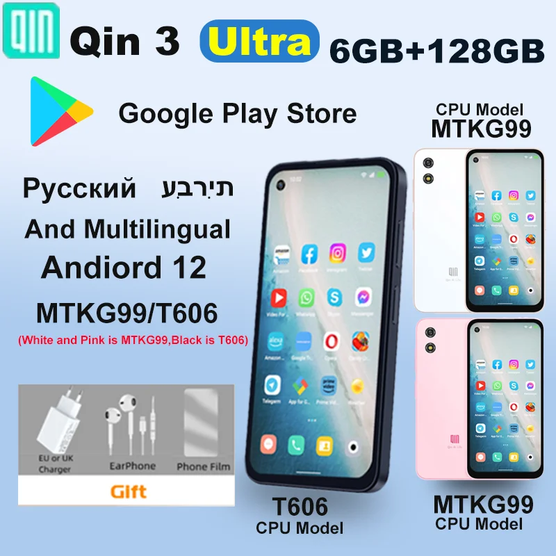 Qin 3 Ultra Google versión Play Store Global Android 12 MTK G99 5,02 pulgadas 6GB 128GB Mini teléfono inteligente multilingüe