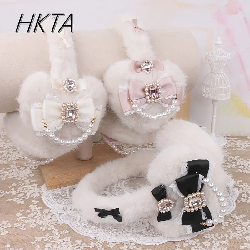 Feito à mão japonês liz doce mina série peludo grande amor arco orelhas quentes protetor de ouvido feminino lolita meninas inverno novos protetores de orelha quentes