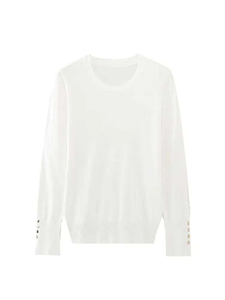 TRAF-suéter de manga larga con cuello redondo para mujer, jersey con botones, informal, liso, de alta elasticidad, otoño 2023