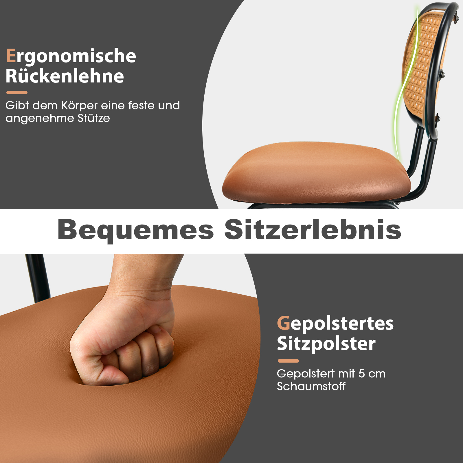 Barhocker 2er Set, Barstuhl mit Rückenlehne aus Rattanimitat, Küchenstühle Höhe 75 cm mit Metallgestell und Fußstütze