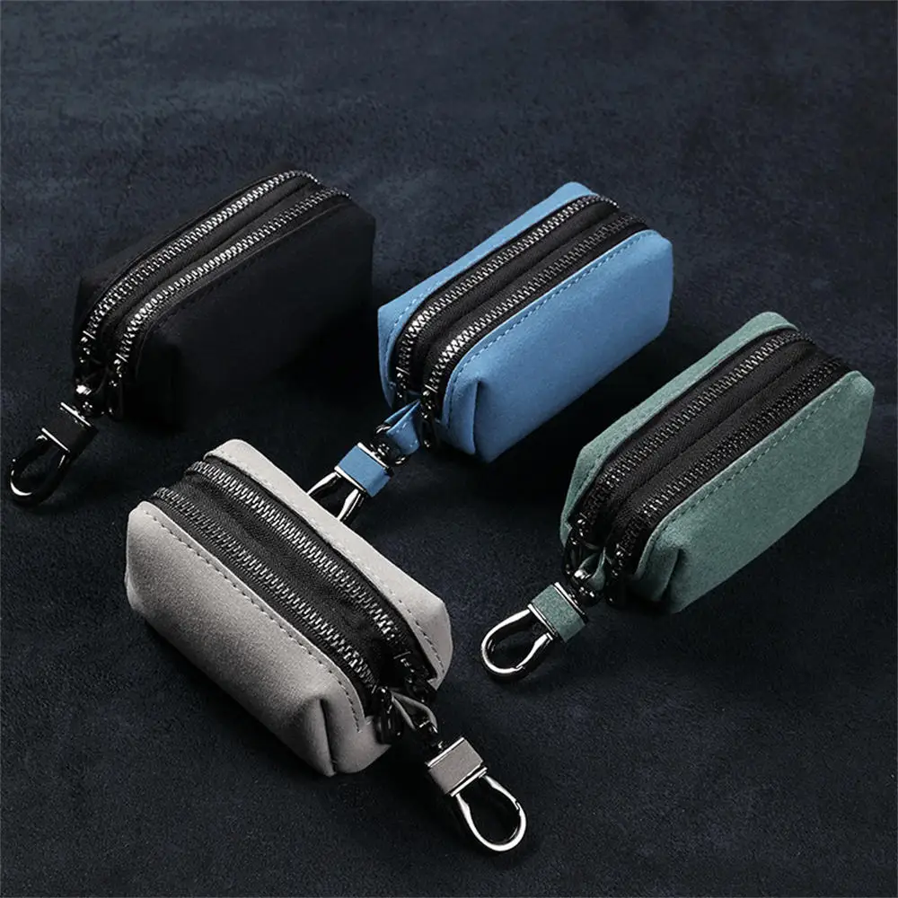 Portable Keychain Wallet for Men Women Large-Capacity Double Zipper Key Pouch Bag Suede Leather Key Case Unisex Coin Purse