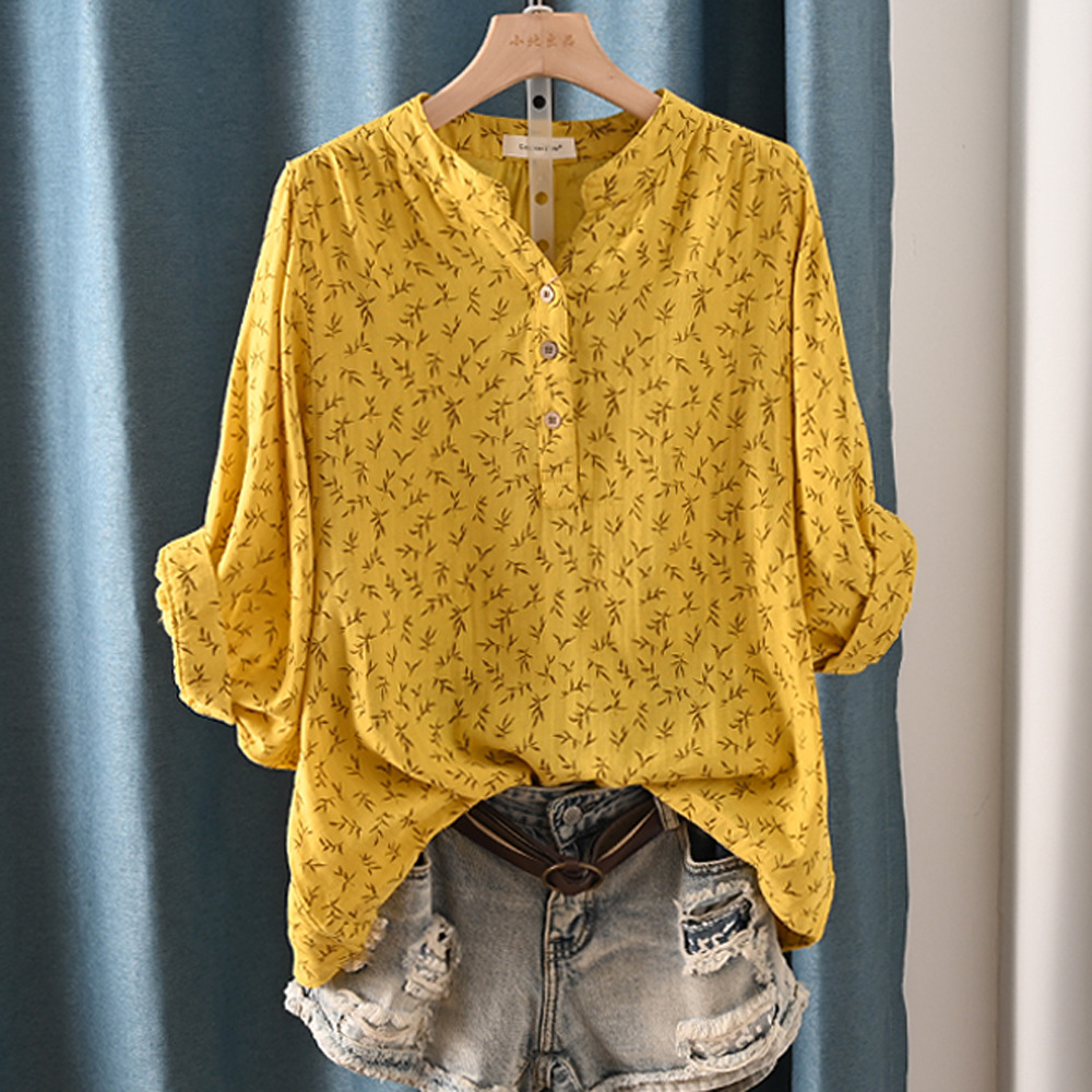 เสื้อผ้าฝ้ายลำลอง100% แขนค้างคาวสำหรับผู้หญิงใหม่ฤดูใบไม้ผลิเสื้อพิมพ์ลายคอตั้งเสื้อเบลาส์ OL ทรงหลวม2024 T447104QM ฤดูร้อน