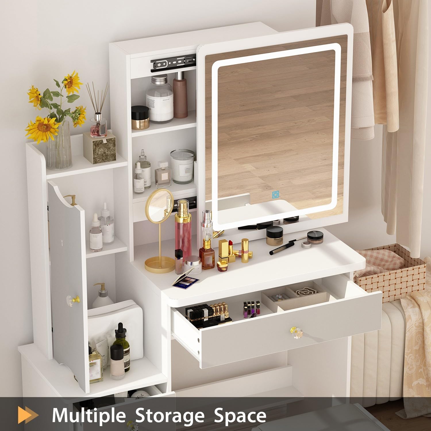 Vanity Desk with Mirror and Lights, Vanity Makeup Desk with Sliding Lighted Mirror, Vanity Mirror Makeup Desk with Cushion Stool