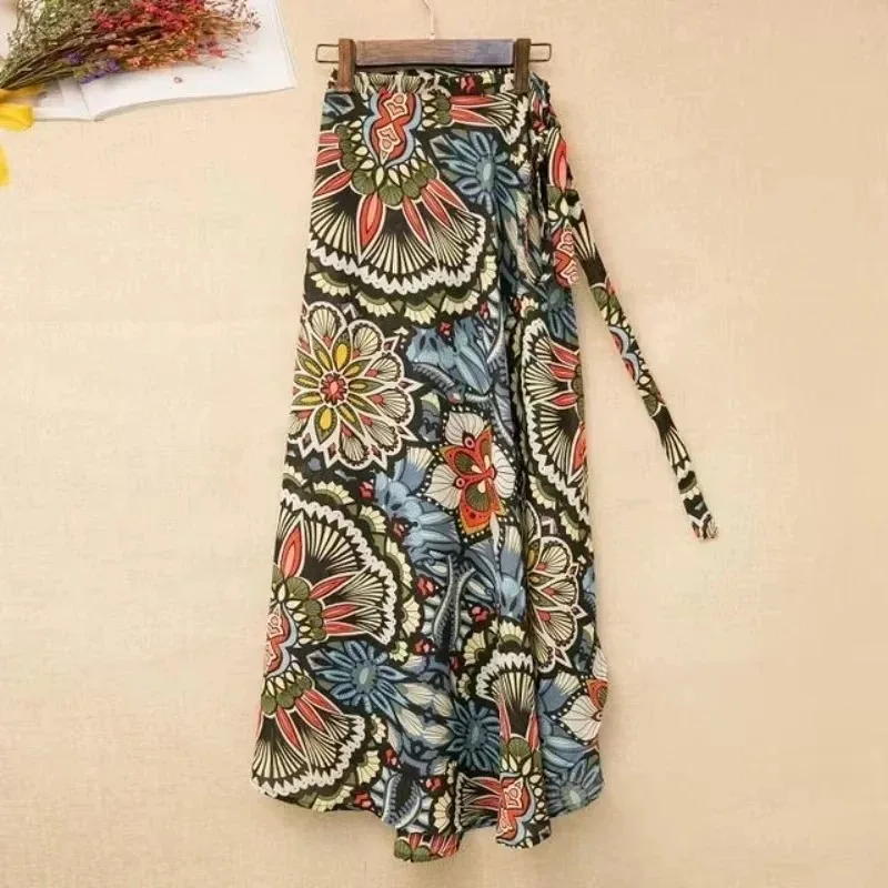 Gonna floreale da spiaggia estiva per donna Gonna lunga avvolgente in cotone a vita alta lunga con spacco laterale e dettaglio cravatta Design stile Boho