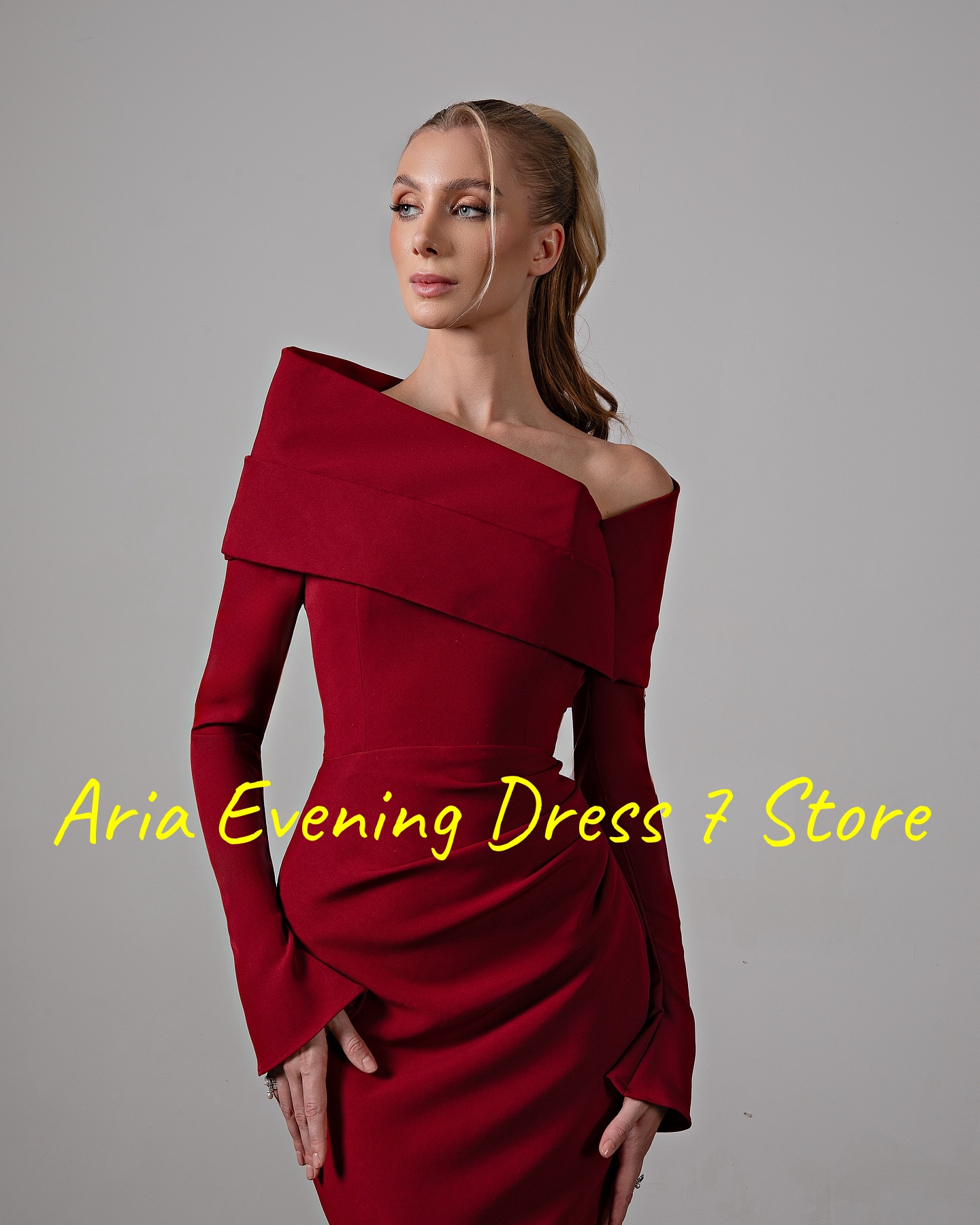 Aangepaste delicate jersey zeemeermin uit de schouder avondjurken moderne lange mouwen bruidsfeest op maat gemaakte galajurk