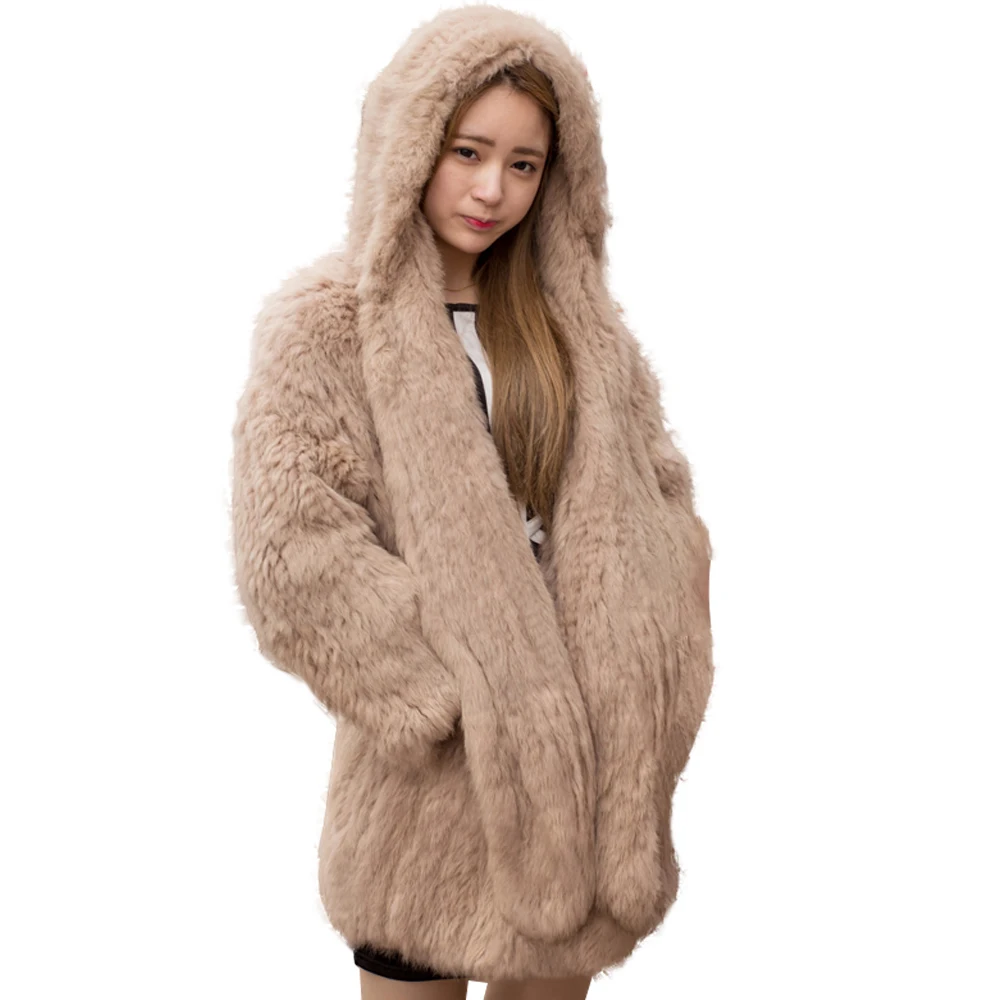 Winter Frauen Echt Kaninchen Fell Kapuze mantel Breit Pullover Cape Schal Pelz Mantel Mit Kapuze pelz jacken