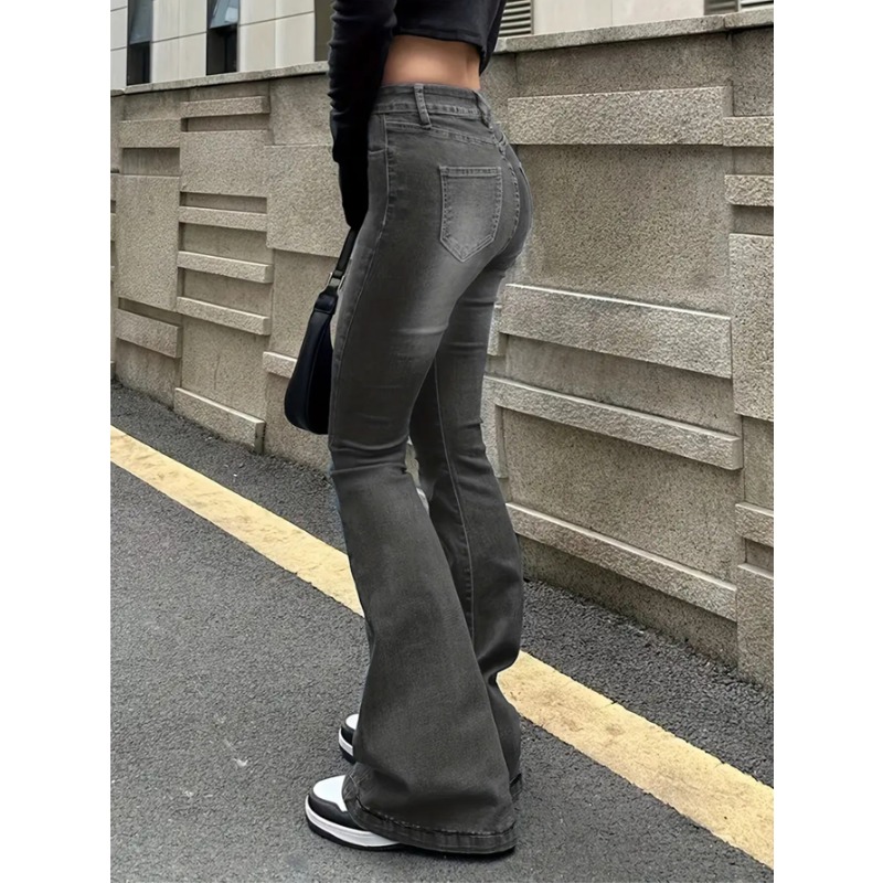 Damen-Stretch-Jeans, grau, schmale Passform, Bootcut-Flare-Hose, schlichtes Design, vielseitige Mode, trendige Jeans, Damenhose