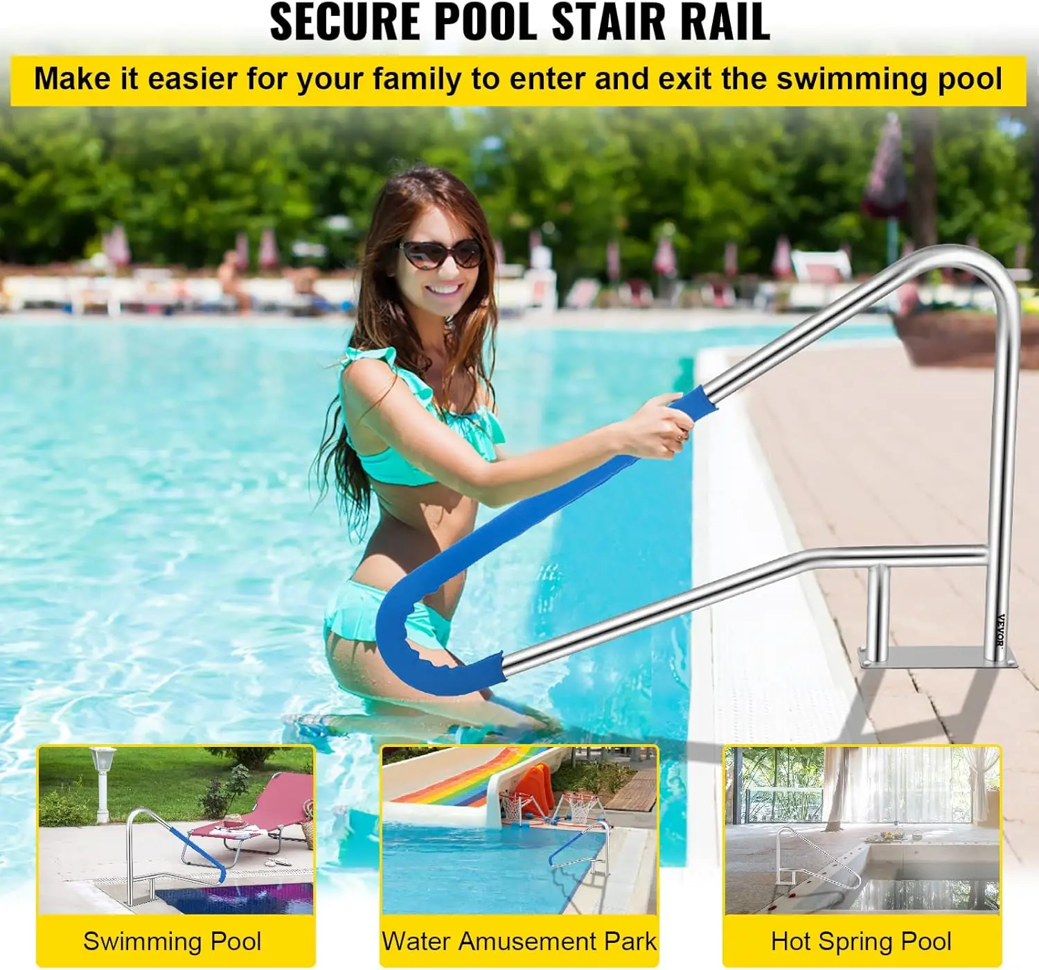Pool Rail 55x32 Pool Railing 304 Stainless Steel 250LBS Load Capacity Silver Rustproof Pool Handrail Humanized Swimming