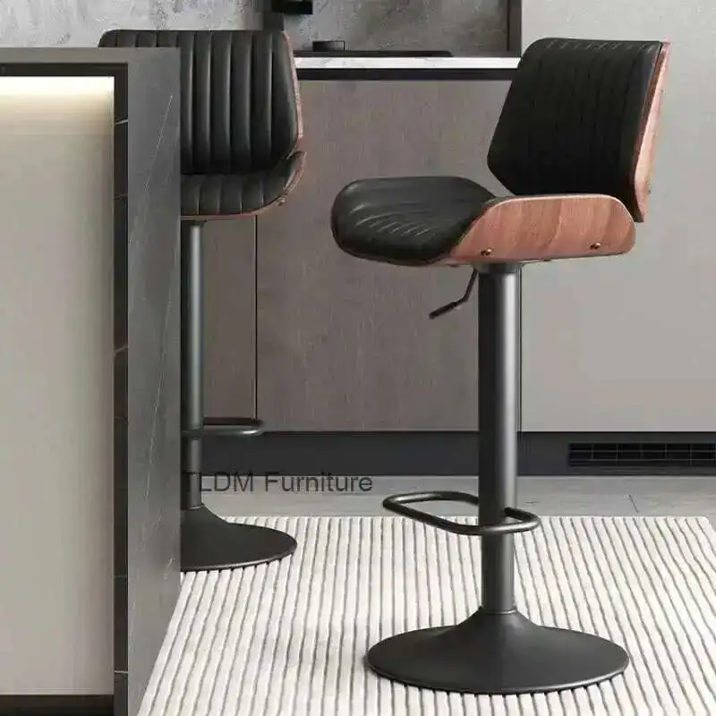 Luxury Solid Wood Bar Chair Home Nordic Leather Bar Stool Island Platform Designer Modern Simple Chair Benches for Kitchen Bar