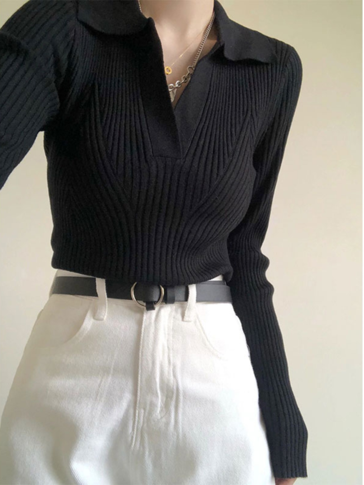 Black V-Neck Knitted Base Shirt Women's plus Size Slim Fit Long Sleeve Polo Neck Top Spring New Sle Winter Slimming Top