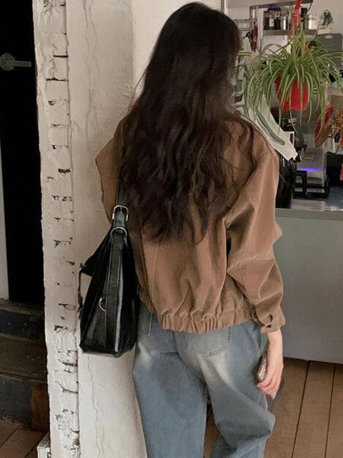 Korean Sle Women's Loose Baseball Jacket Chic Brown Suede Moto Coat Long Sleeve Zipper Closure Solid Color Commute Fashion